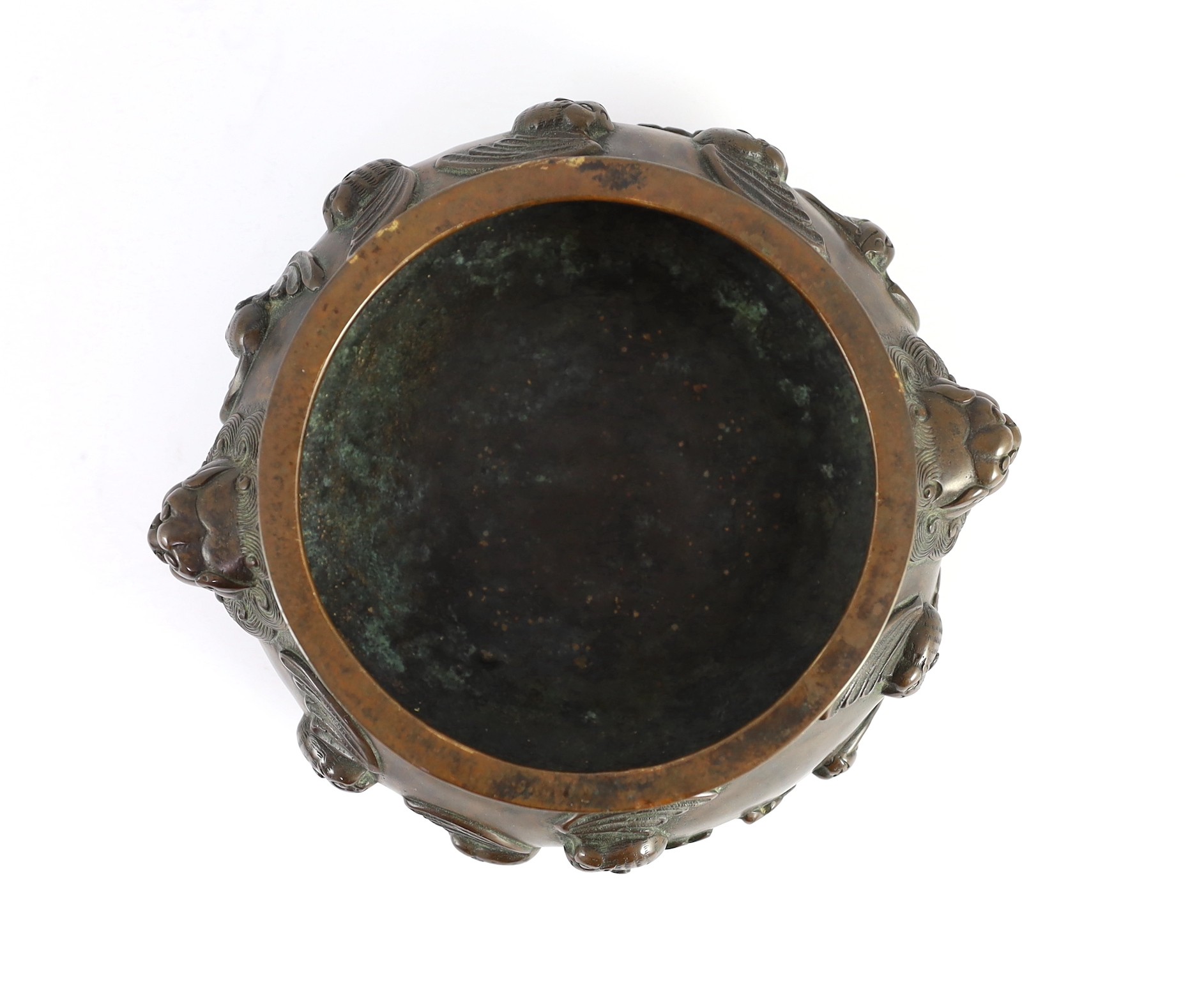 A large Chinese bronze ding censer, the wood cover with pale celadon jade finial, 22cm across